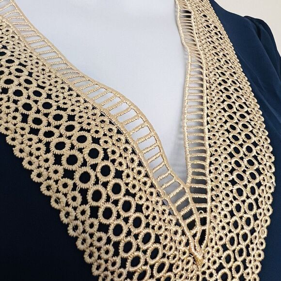 Wkior Shift Dress V Neck Short Ruffle  Sleeves Solid Color Casual Flowy Blue Tan - Picture 5 of 11